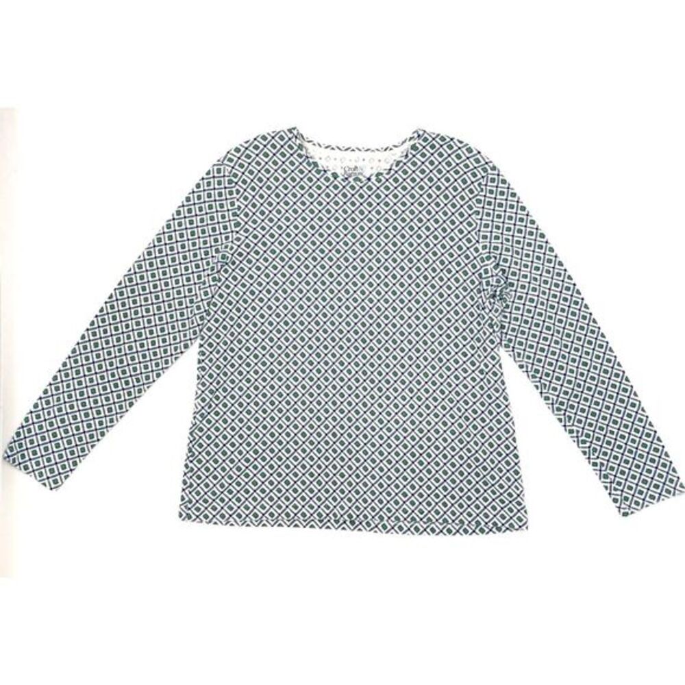 Croft & Barrow White w/Blue Green Diamon Pattern Cotton Women's Top Size Large